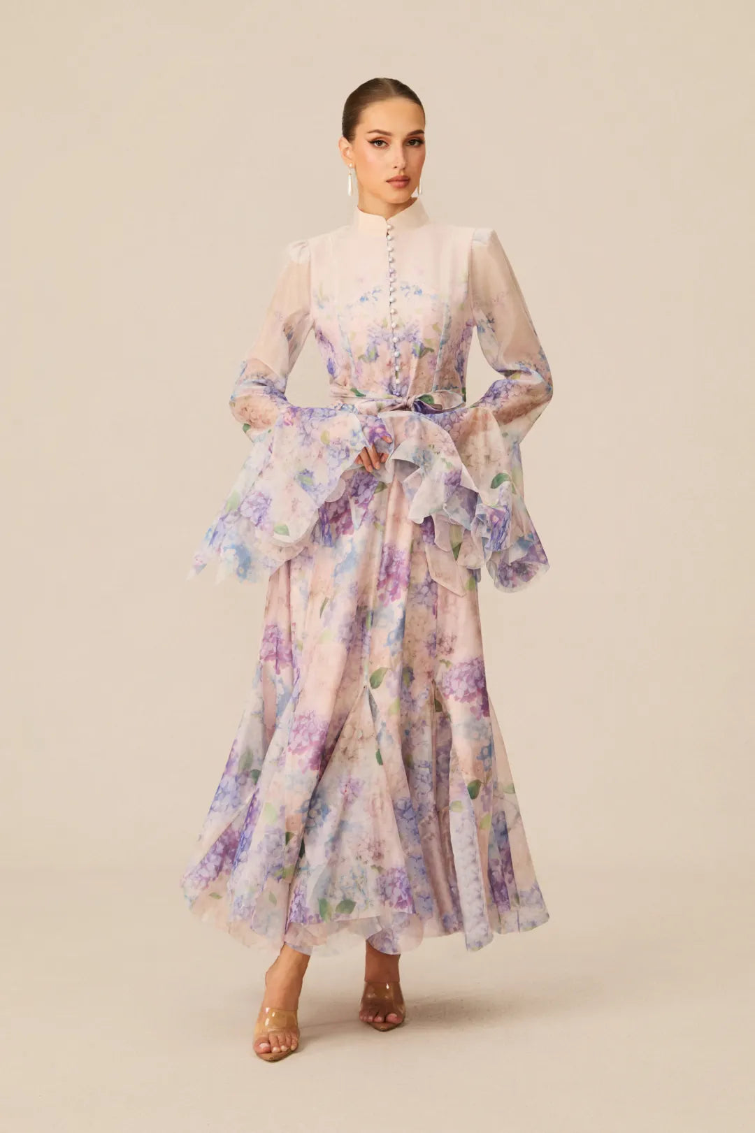 Alessia Long Floral-Print Ruffled Dress