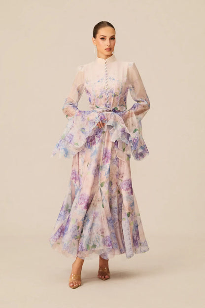 Alessia Long Floral-Print Ruffled Dress