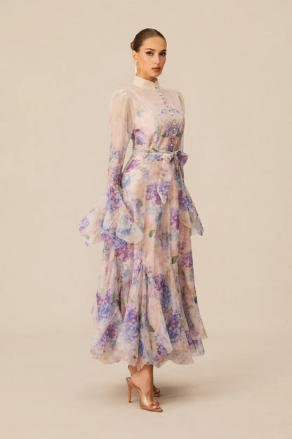 Alessia Long Floral-Print Ruffled Dress