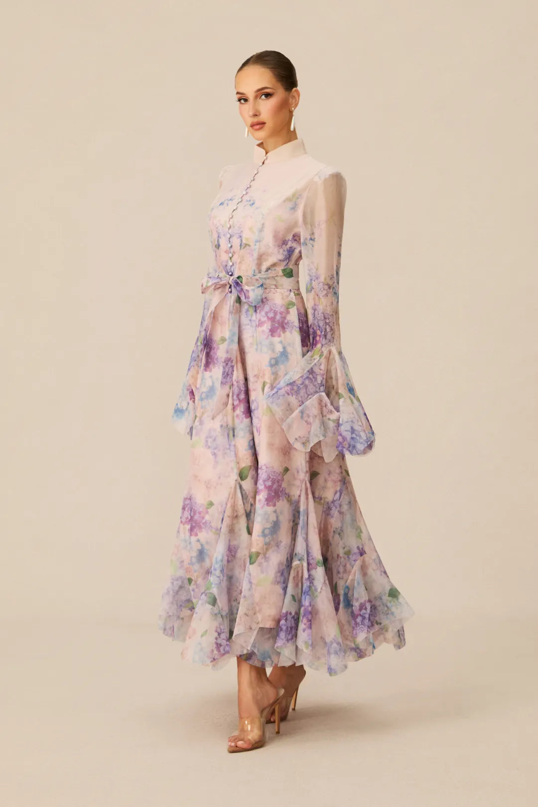 Alessia Long Floral-Print Ruffled Dress