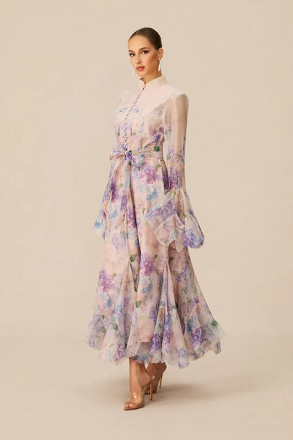 Alessia Long Floral-Print Ruffled Dress