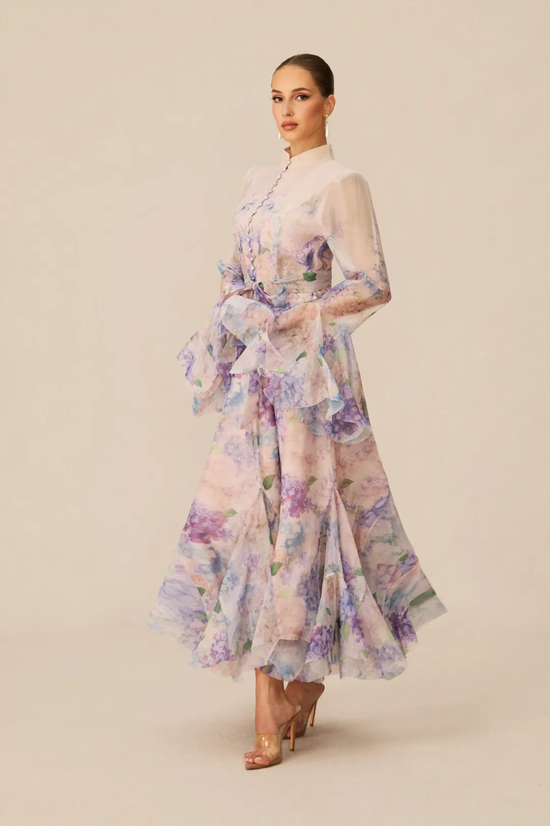 Alessia Long Floral-Print Ruffled Dress
