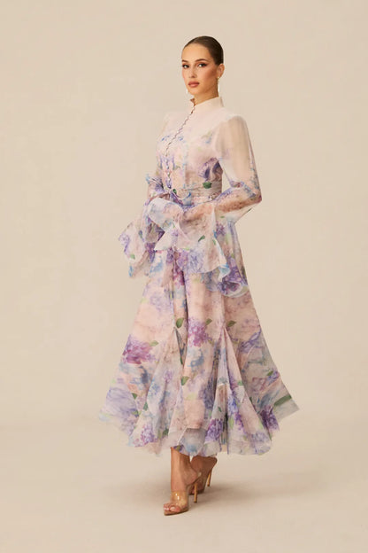 Alessia Long Floral-Print Ruffled Dress