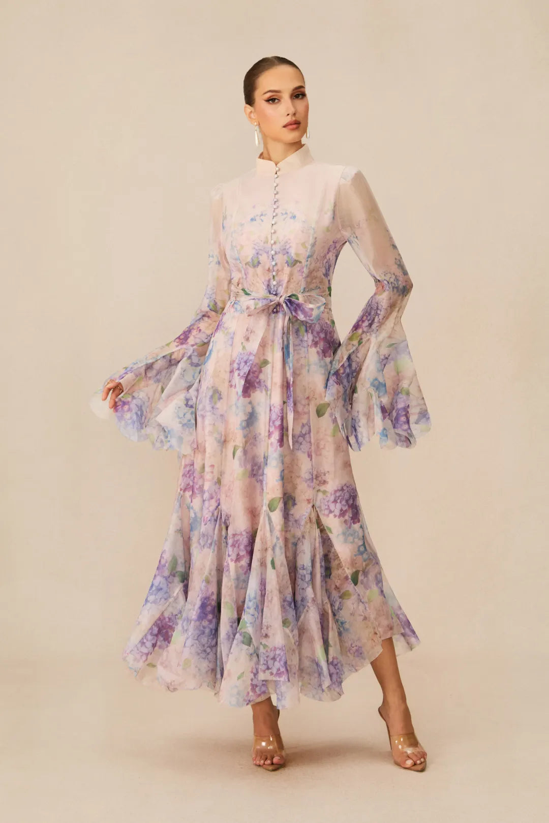 Alessia Long Floral-Print Ruffled Dress