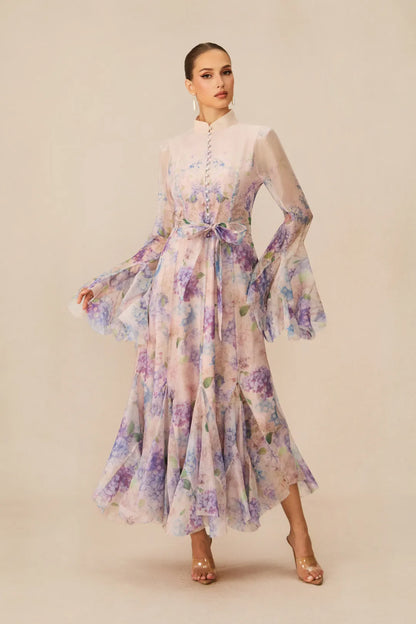 Alessia Long Floral-Print Ruffled Dress