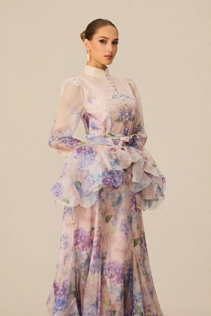 Alessia Long Floral-Print Ruffled Dress