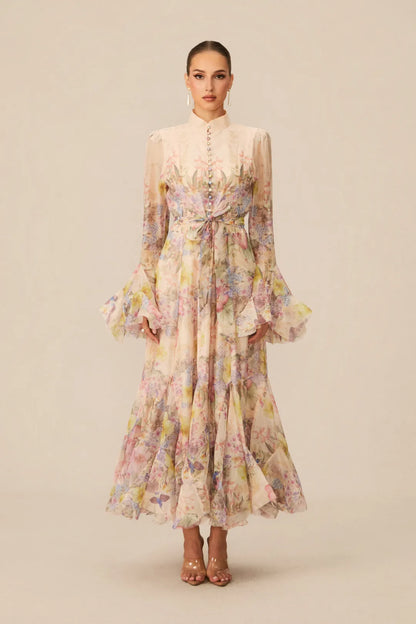 Alessia Long Floral-Print Ruffled Dress