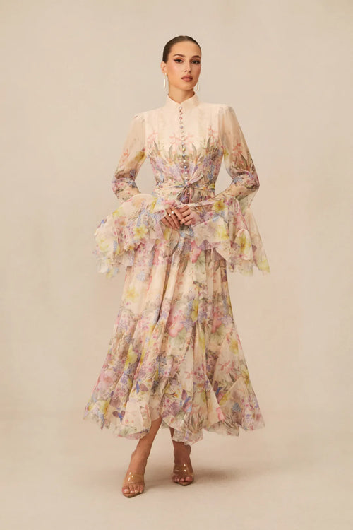 Alessia Long Floral-Print Ruffled Dress