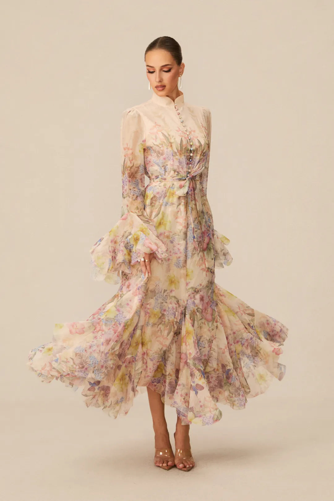 Alessia Long Floral-Print Ruffled Dress