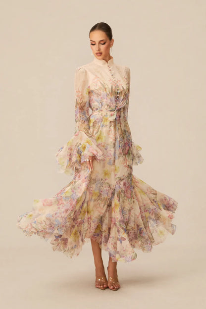 Alessia Long Floral-Print Ruffled Dress
