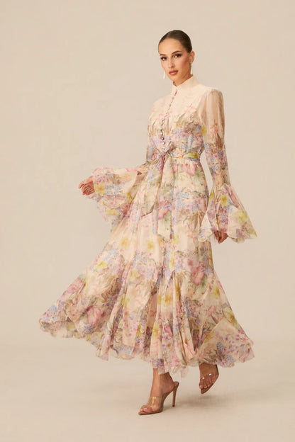 Alessia Long Floral-Print Ruffled Dress