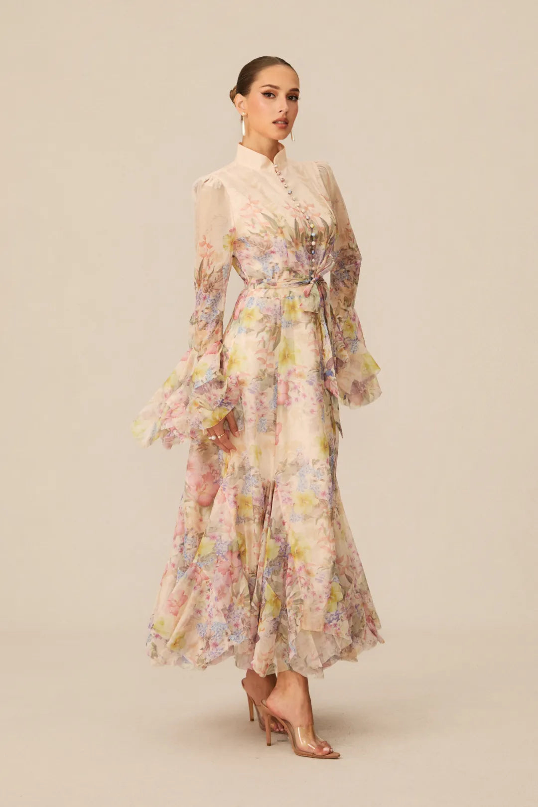 Alessia Long Floral-Print Ruffled Dress