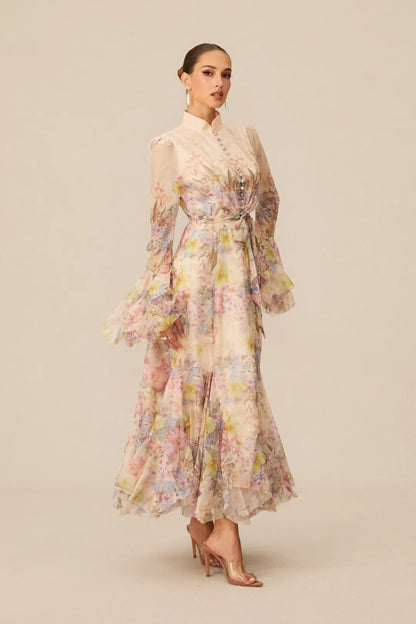 Alessia Long Floral-Print Ruffled Dress