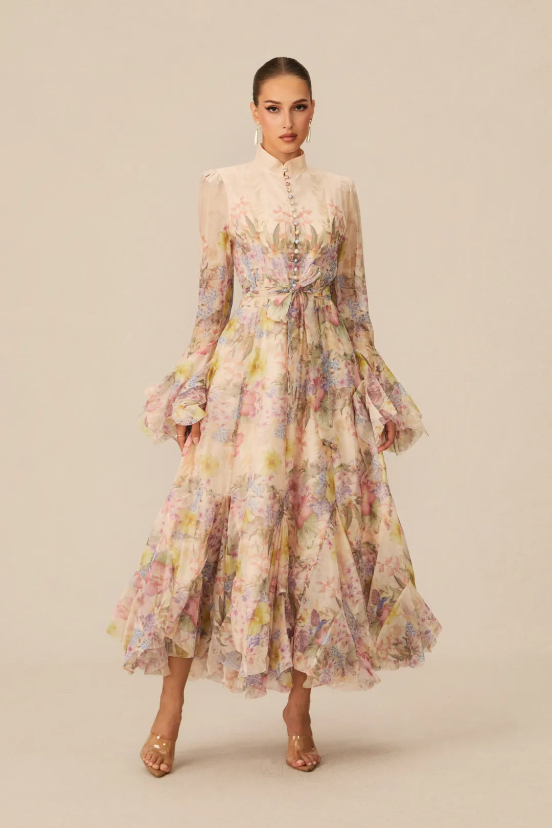 Alessia Long Floral-Print Ruffled Dress