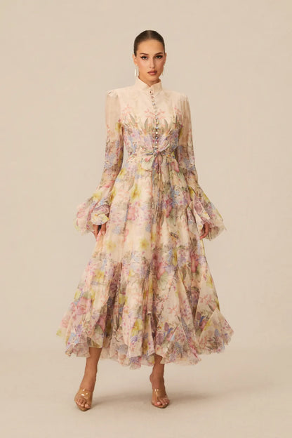 Alessia Long Floral-Print Ruffled Dress