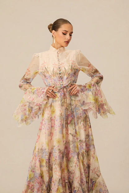 Alessia Long Floral-Print Ruffled Dress