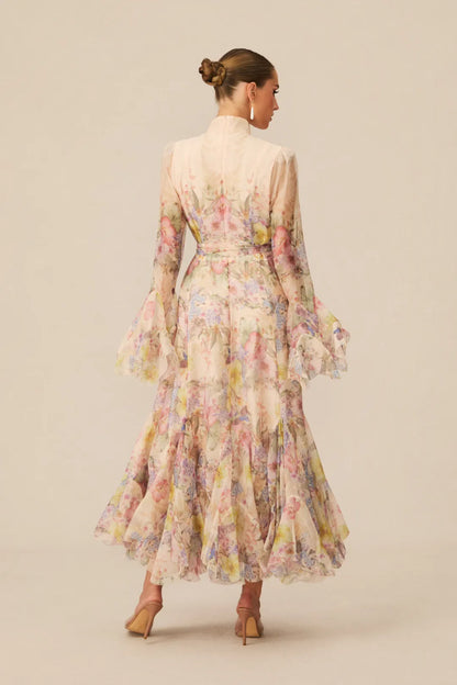 Alessia Long Floral-Print Ruffled Dress